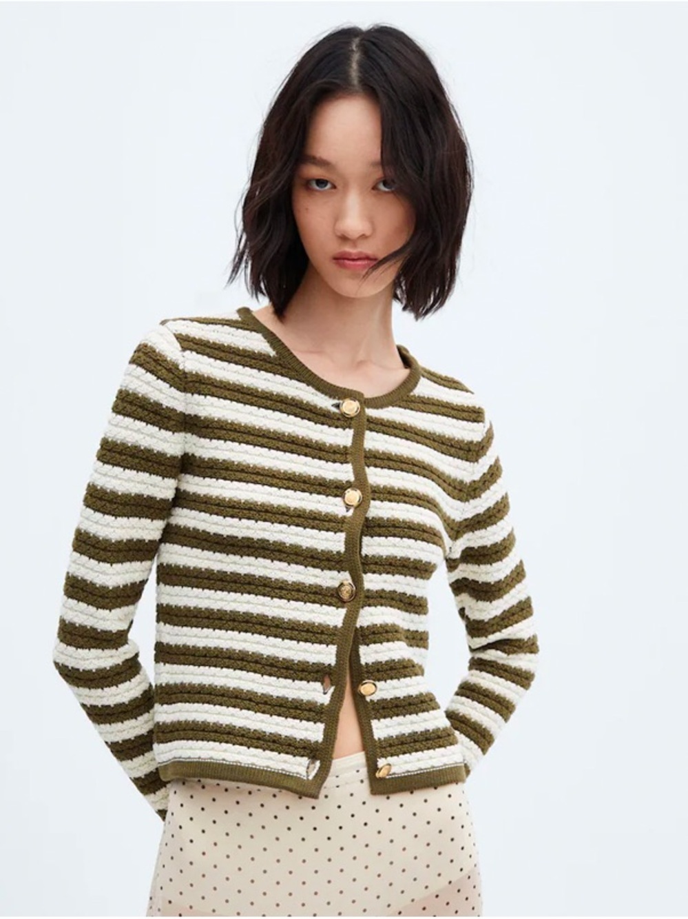 NWOT Mango Striped Cardigan in Khaki Olive & Cream Button-Front Sweater Cardigan